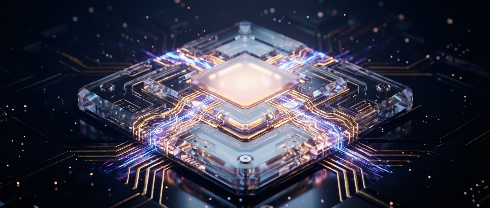 Primer plano de un chip de computadora futurista con un núcleo central brillante, rodeado de circuitos transparentes y metálicos con haces de luz azules y naranjas que simulan el flujo de datos, sobre un fondo oscuro con puntos de luz desenfocados.