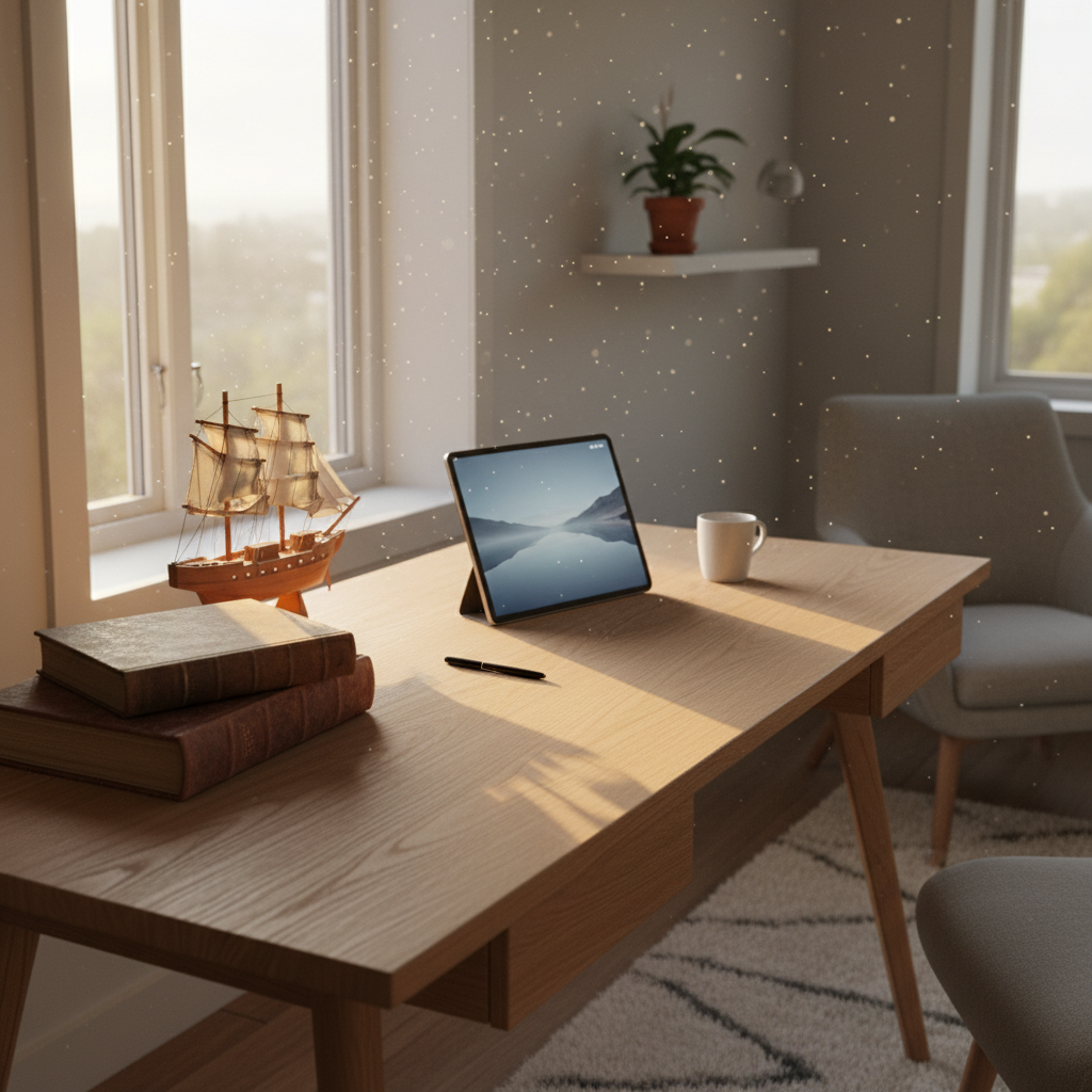 Escritorio de madera con una tablet, libros antiguos, una pequeña maqueta de barco de vela y una taza de café junto a una ventana con luz solar.