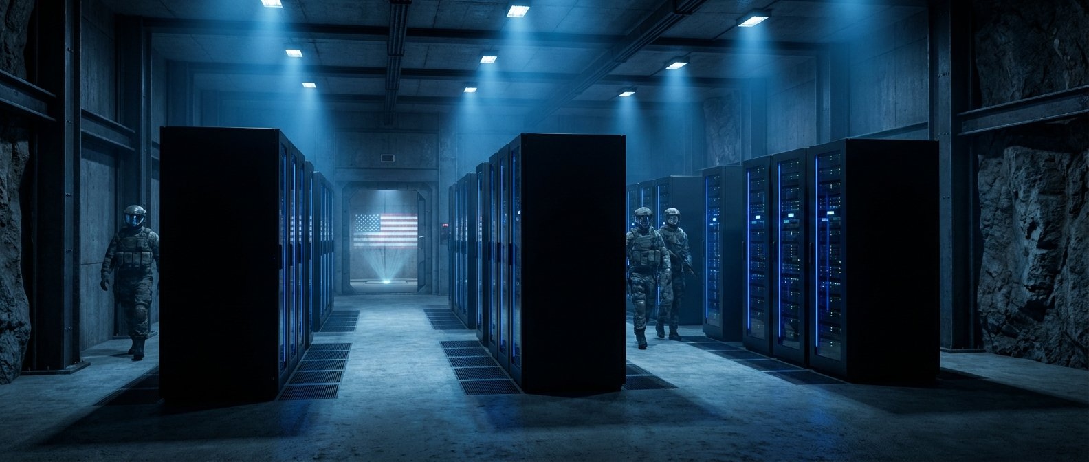 Tres soldados con uniformes militares y cascos con visores azules caminan entre filas de servidores iluminados en azul dentro de un centro de datos subterráneo, con una proyección de la bandera de Estados Unidos al fondo.