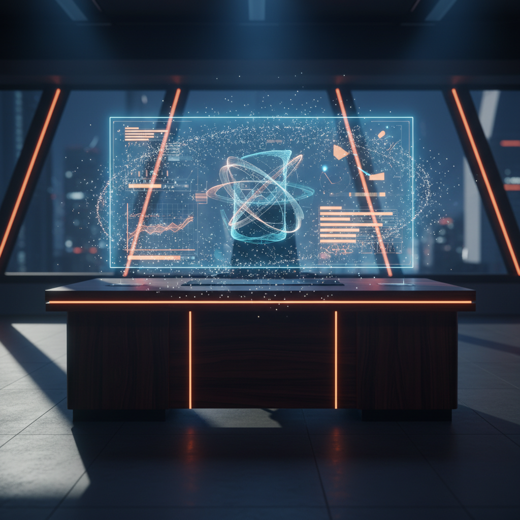 Escritorio de oficina moderna con una pantalla holográfica flotante que muestra gráficos de datos y un modelo atómico tridimensional en un entorno corporativo nocturno.