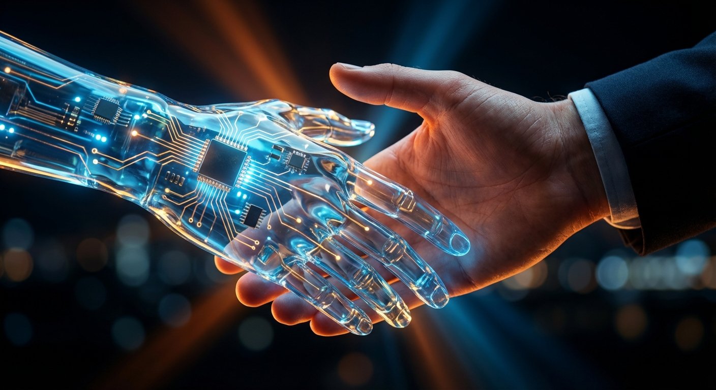 Una mano humana con traje estrecha la mano de un robot o inteligencia artificial, representada por una mano transparente con circuitos brillantes azules.