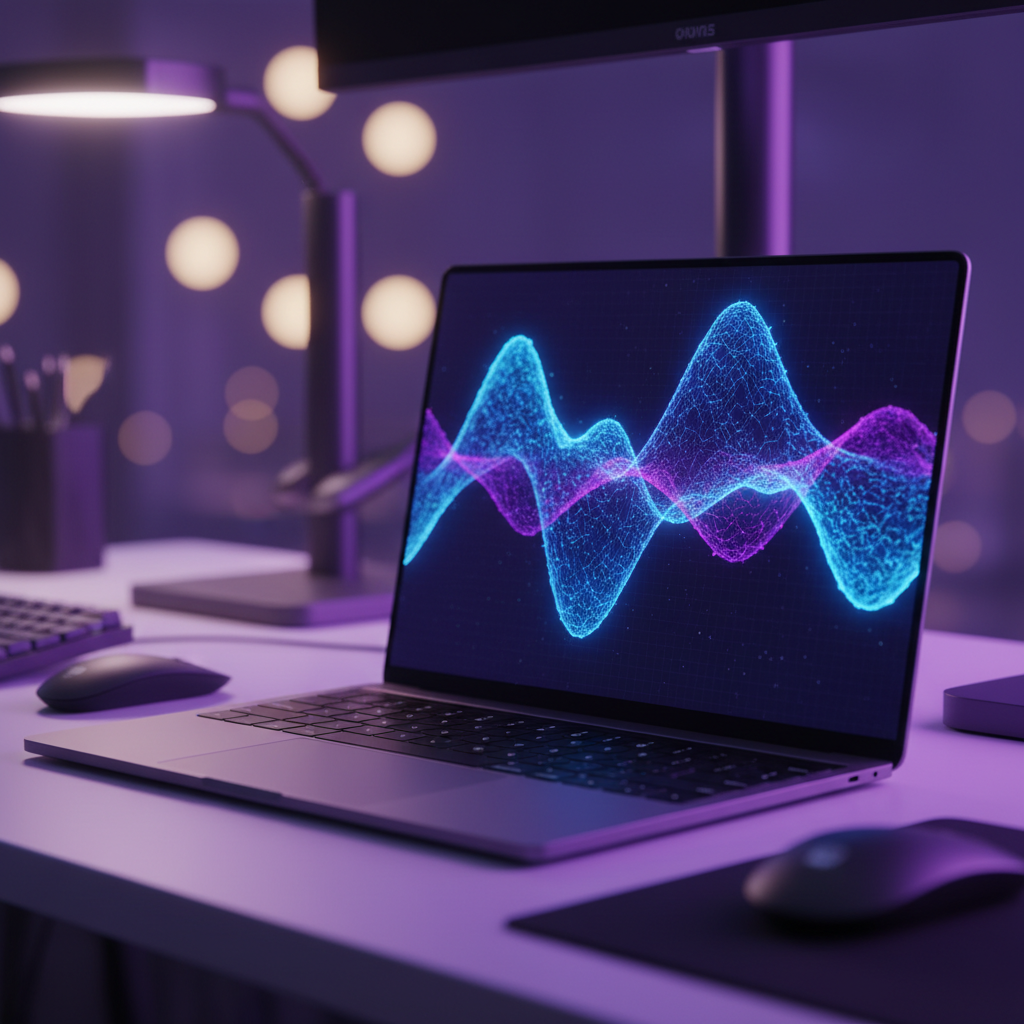 Computadora portátil abierta sobre un escritorio con una visualización de ondas de datos digitales de colores neón en la pantalla en un entorno con iluminación púrpura.