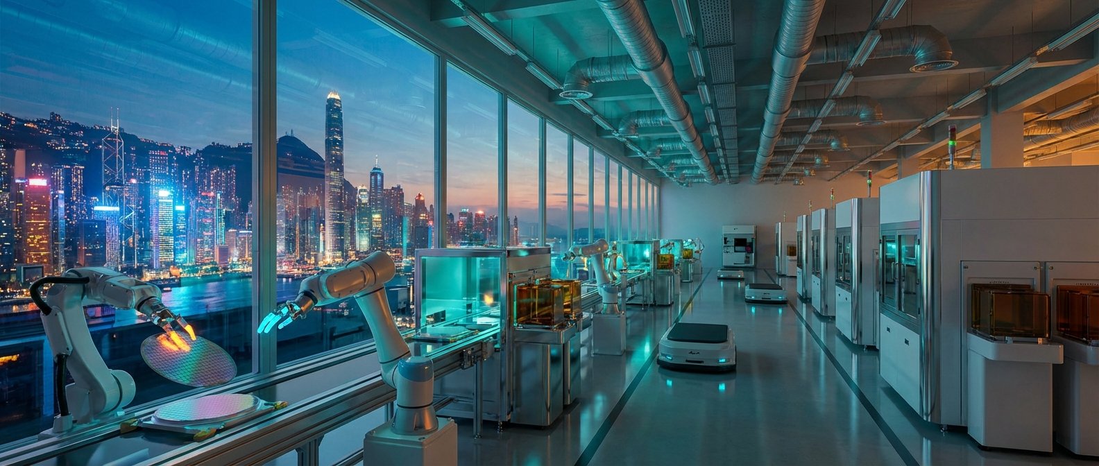 Interior de una fábrica moderna con robótica avanzada procesando obleas de silicio. Vehículos autónomos transitan por la planta. Grandes ventanales ofrecen una vista panorámica a una ciudad vibrante llena de rascacielos iluminados al atardecer, junto a un río o mar.