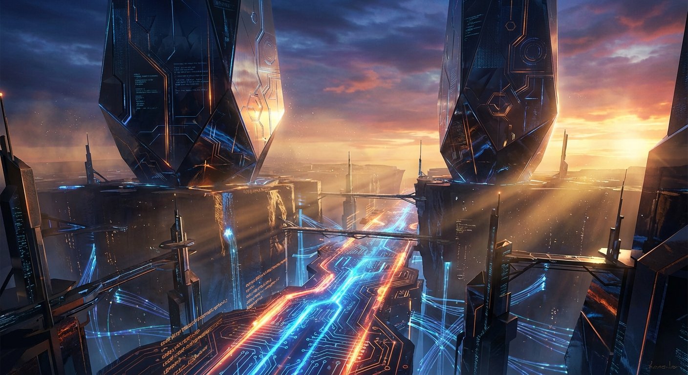 Paisaje urbano futurista con dos imponentes torres de datos de diseño geométrico flanqueando un camino central elevado que simula un circuito electrónico brillante en tonos azules y naranjas. El cielo al atardecer muestra colores vibrantes con nubes y rayos de luz sobre estructuras interconectadas y una compleja red digital.