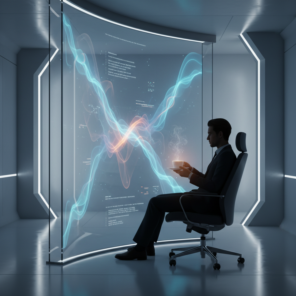 Un hombre de negocios sentado en una oficina moderna observa una pantalla de cristal transparente con visualizaciones de datos y gráficos luminosos.