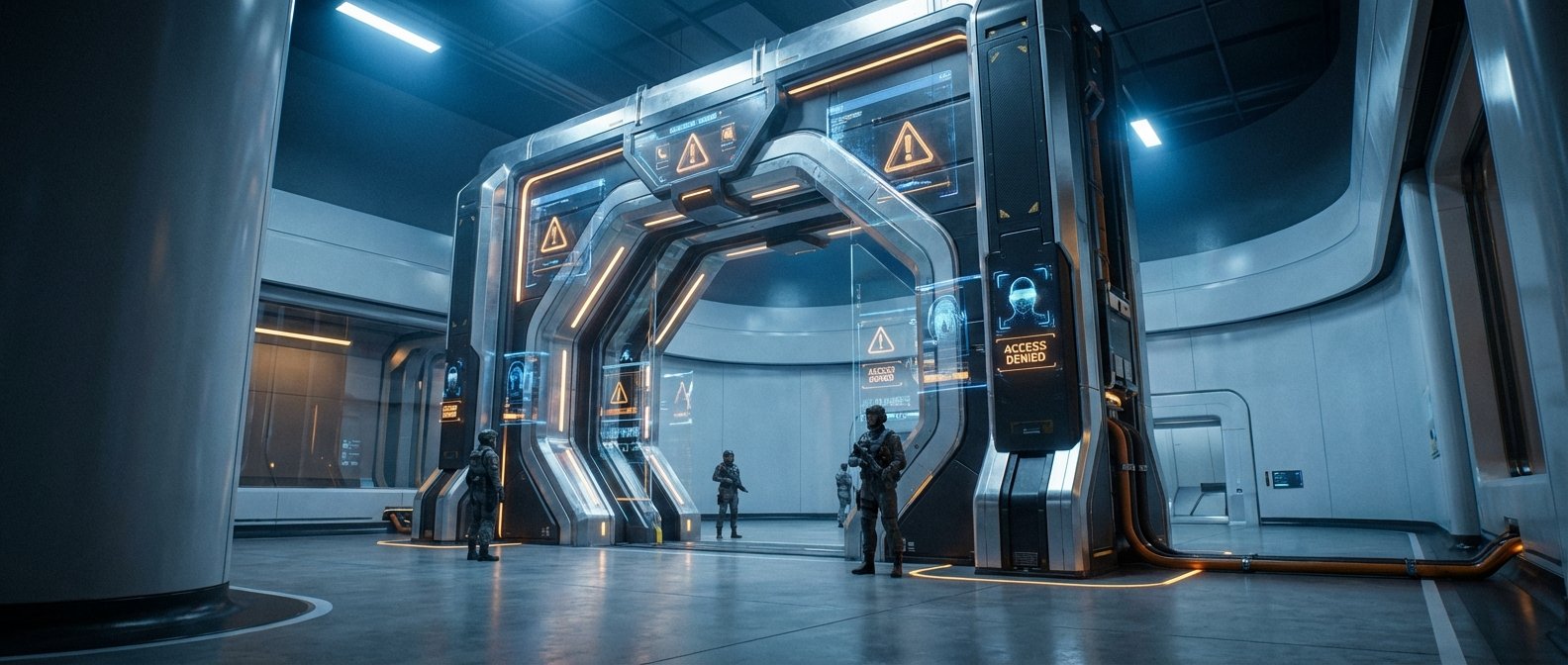 Un gran arco de seguridad futurista con luces naranjas y pantallas holográficas que muestran 'ACCESO DENEGADO' en un pasillo de ciencia ficción. Cuatro soldados armados están de pie cerca del arco.