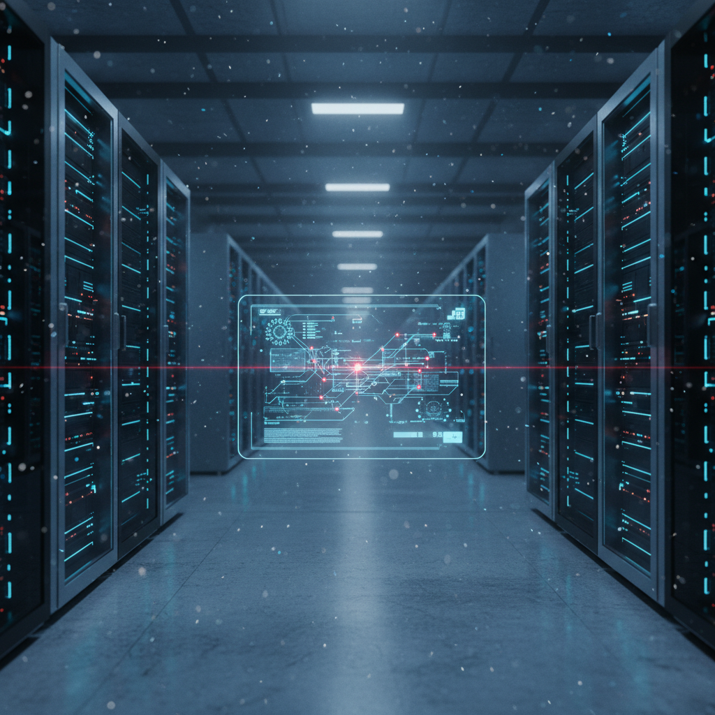 Pasillo de un centro de datos con servidores informáticos y una interfaz digital holográfica de flujo de datos en el centro.