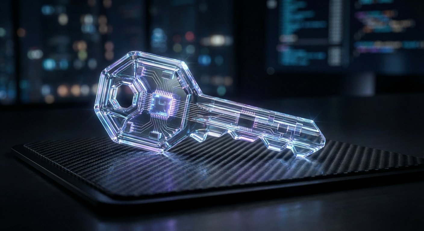 Llave digital translúcida y brillante con circuitos internos y microchip, sobre una superficie de fibra de carbono. En el fondo, luces de ciudad borrosas y un monitor con código.