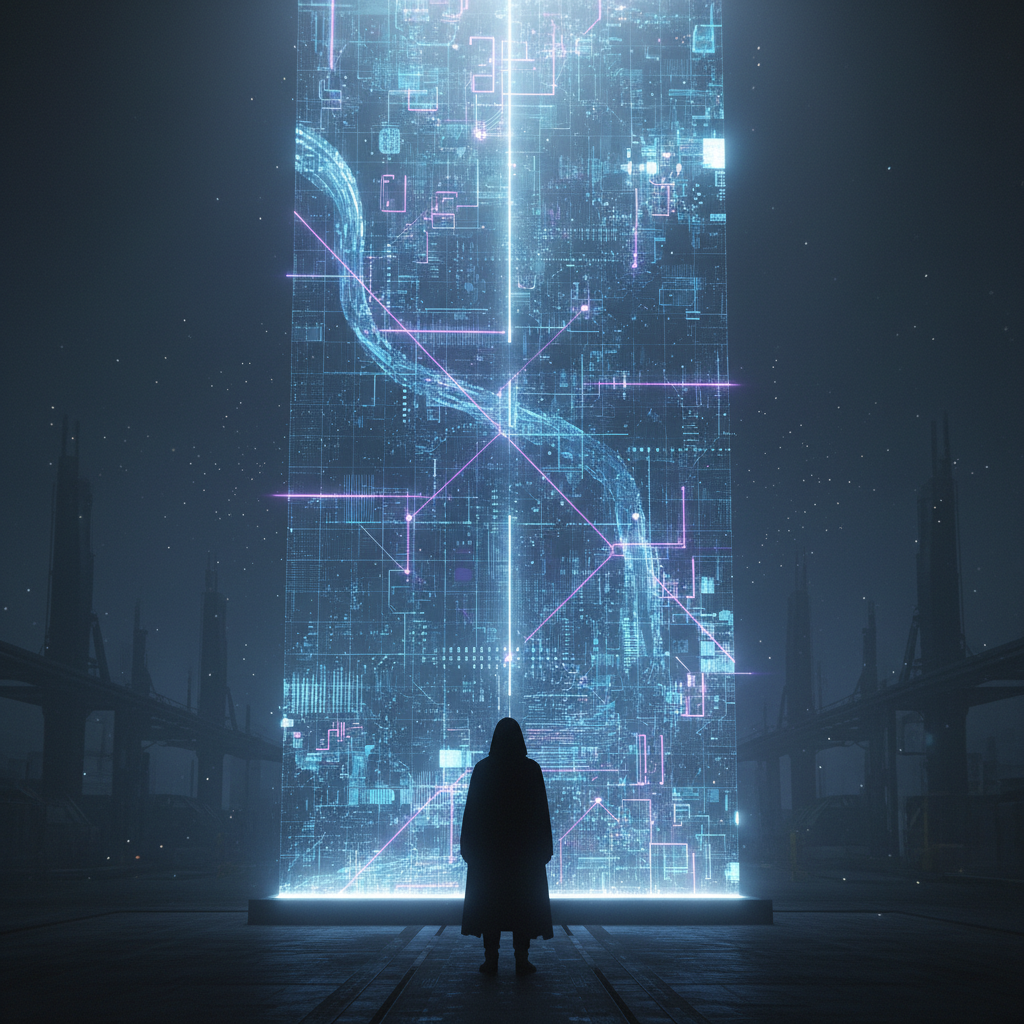 Silueta de una persona con capa observando un gran monolito vertical iluminado con datos digitales y circuitos de neón en un entorno industrial futurista.