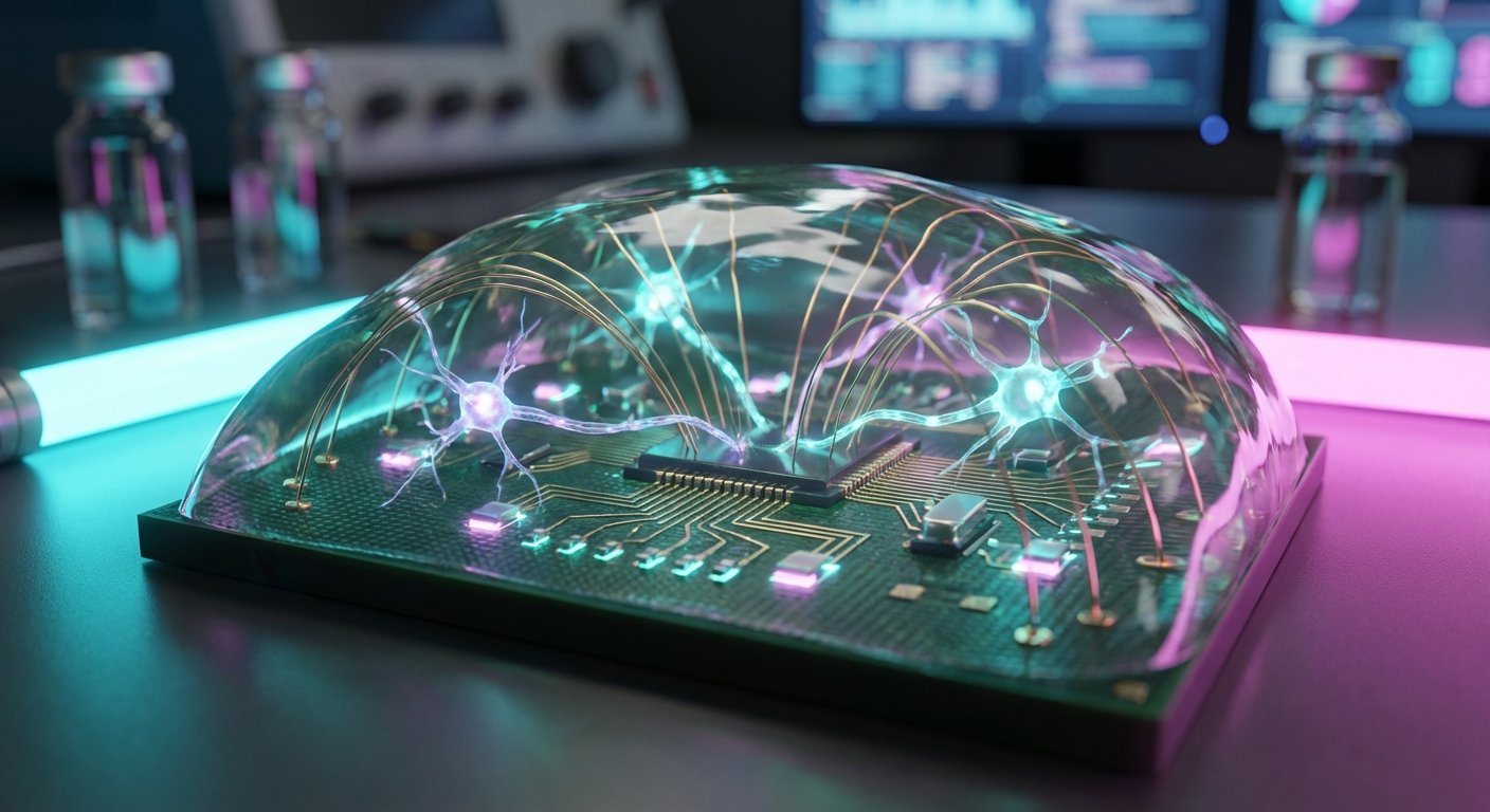 Circuito electrónico con neuronas artificiales brillantes y conexiones sinápticas bajo una cúpula de cristal, en un laboratorio con luces de neón azul y rosa, y viales.} {