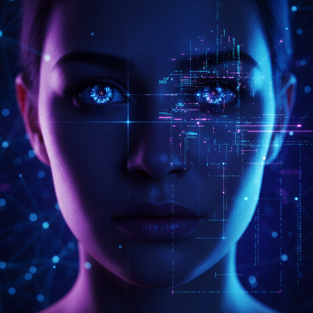 Primer plano del rostro de una persona con ojos iluminados y superposiciones de datos digitales y redes neuronales en tonos azules y púrpuras.