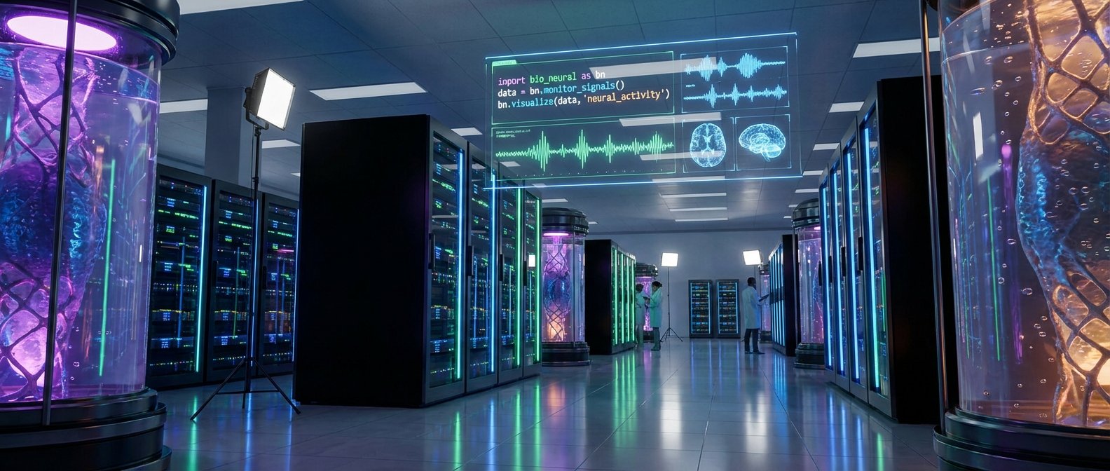 Un centro de datos o laboratorio futurista con filas de servidores iluminados y grandes tubos transparentes que contienen estructuras. Hay pantallas holográficas mostrando código, ondas cerebrales y escáneres cerebrales, y dos científicos en batas de laboratorio en el fondo.