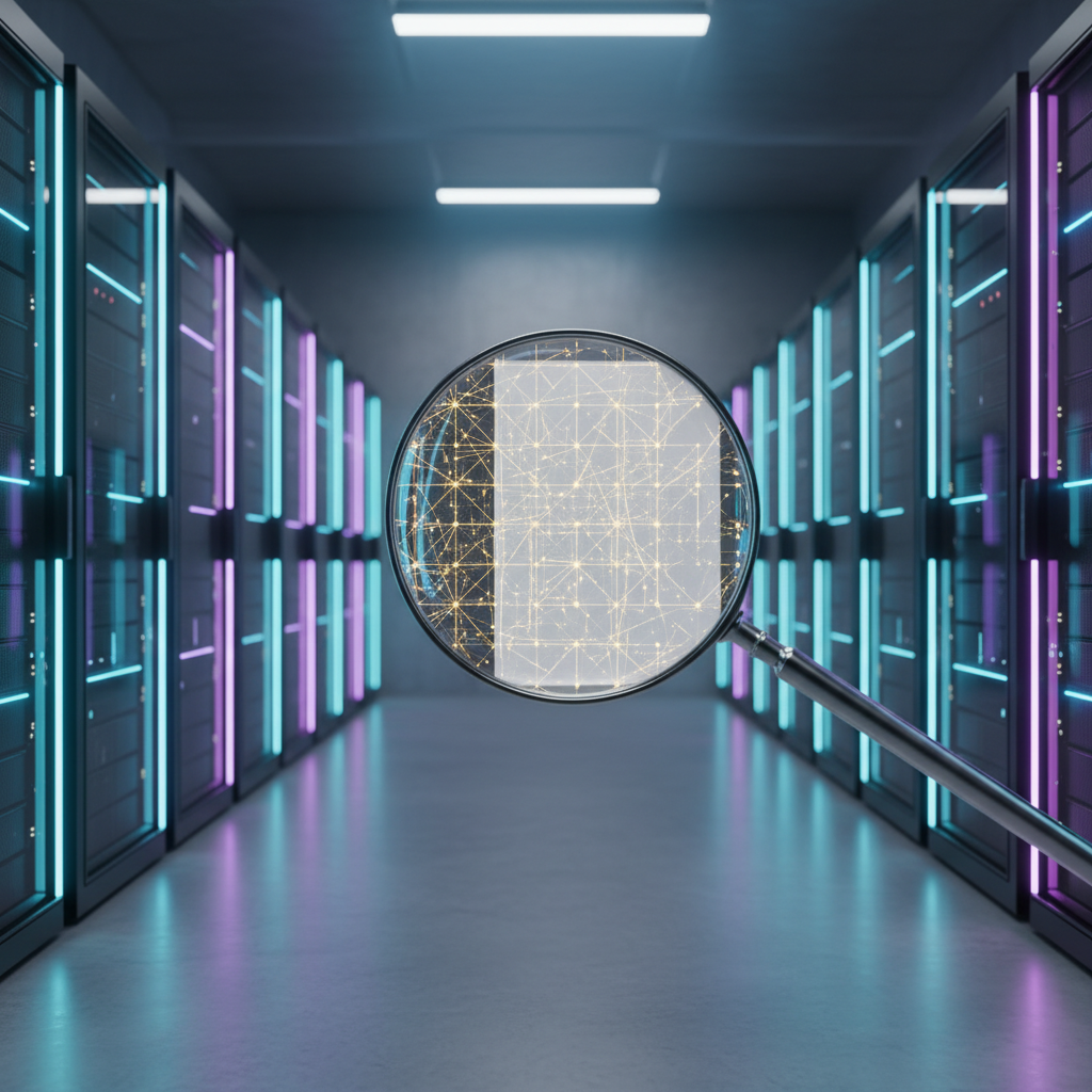 Lupa enfocando una red de datos digital dentro de un pasillo de centro de procesamiento de datos con servidores.