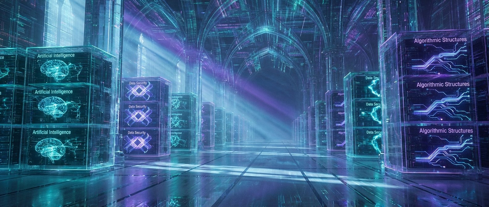 Un pasillo futurista de centro de datos con servidores transparentes que muestran Inteligencia Artificial, Seguridad de Datos y Estructuras Algorítmicas, en un entorno digital con arcos luminosos.
