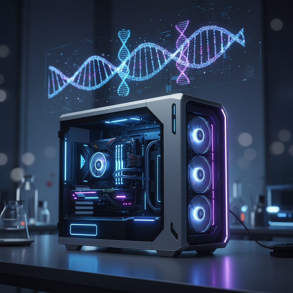 Ordenador de alto rendimiento con luces LED azules junto a una proyección holográfica de una cadena de ADN en un laboratorio.