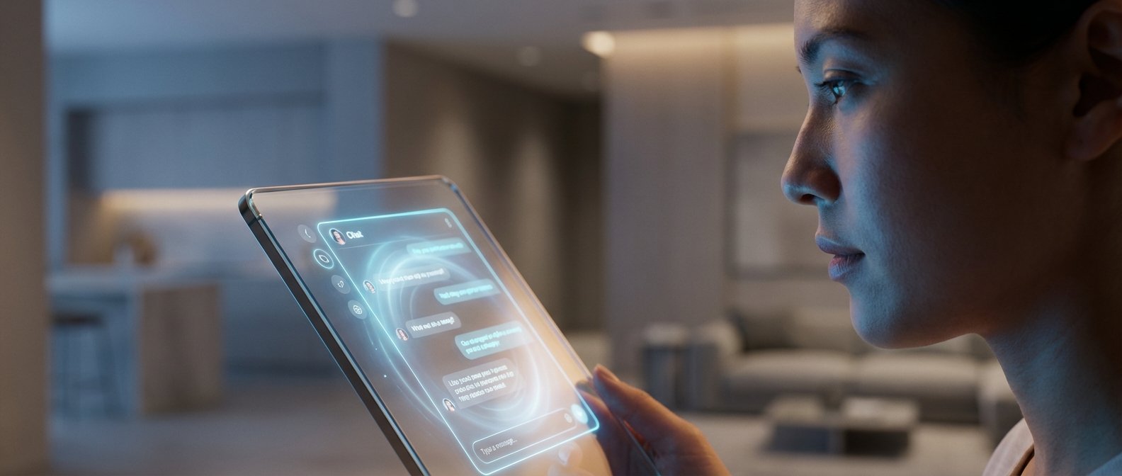 Perfil de una mujer mirando y tocando una tablet transparente con una interfaz de chat luminosa en un entorno de hogar moderno.