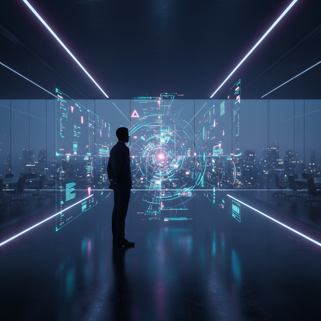 Empresario observando una interfaz holográfica futurista con datos digitales en una oficina acristalada con vistas a la ciudad.