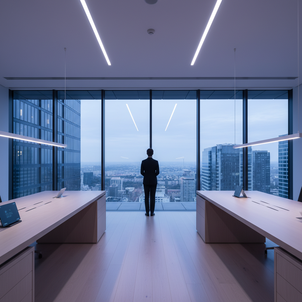 Un hombre de negocios con traje de pie frente a un gran ventanal de una oficina moderna observando la ciudad al atardecer.
