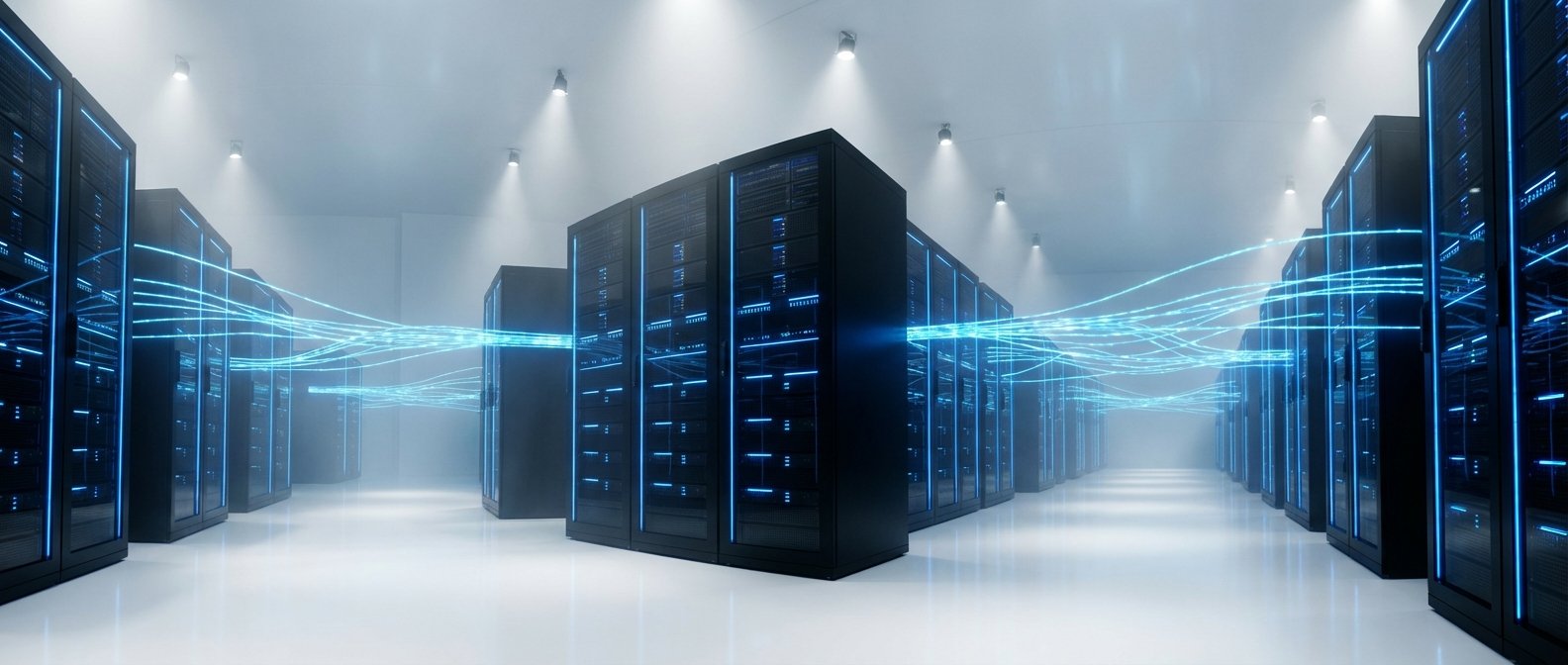 Sala de servidores moderna con múltiples racks de datos negros iluminados en azul y flujos de luz azul representando la transferencia de información.