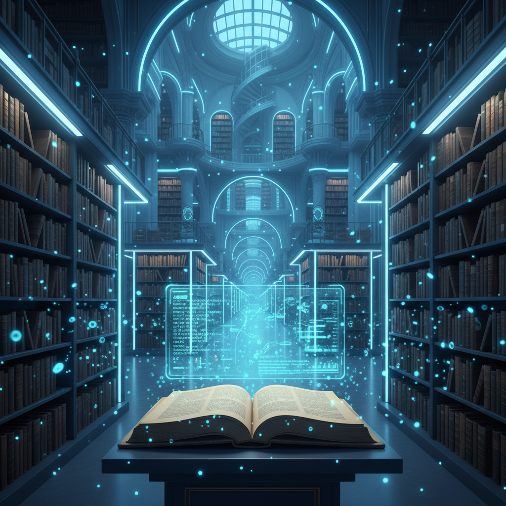 Libro antiguo abierto sobre un pedestal en una biblioteca futurista iluminada con luces de neón azules y proyecciones digitales holográficas.
