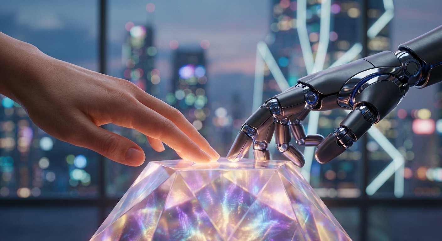 Una mano humana y una mano robótica se tocan en la superficie de un cristal multifacetado que irradia luz de colores, con un horizonte urbano nocturno y borroso al fondo.