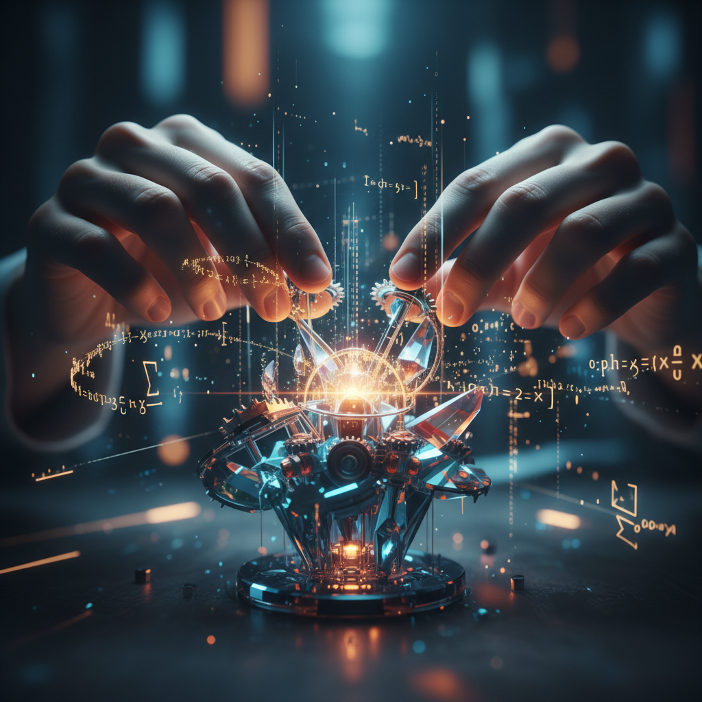 Manos manipulando una estructura mecánica compleja rodeada de proyecciones holográficas con fórmulas matemáticas y datos luminosos en un entorno tecnológico.