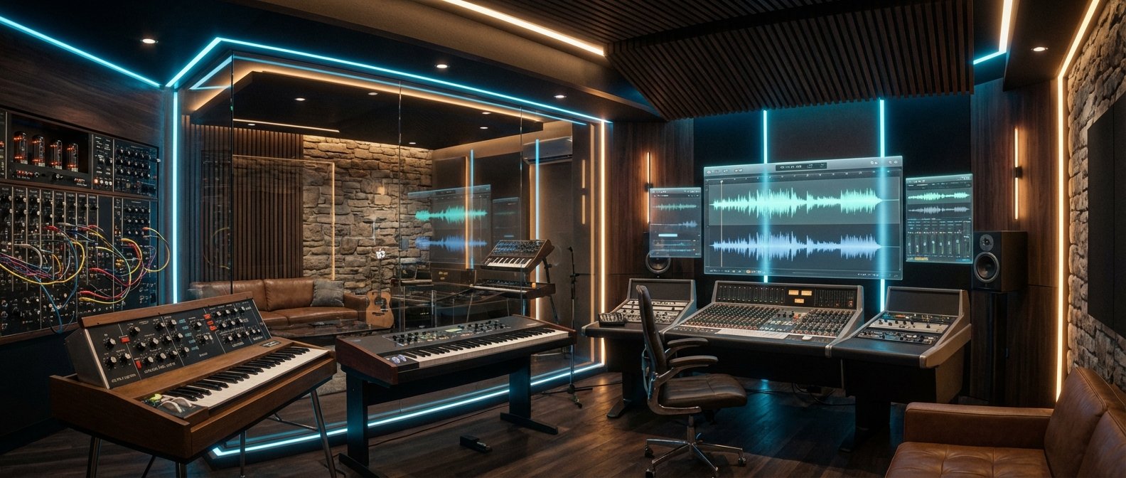 Estudio de grabación de música profesional con una gran consola de mezcla, múltiples pantallas mostrando ondas sonoras de software DAW, sintetizadores, teclados, un sistema modular de audio con cables, y paredes con tratamiento acústico e iluminación LED de neón azul y naranja.