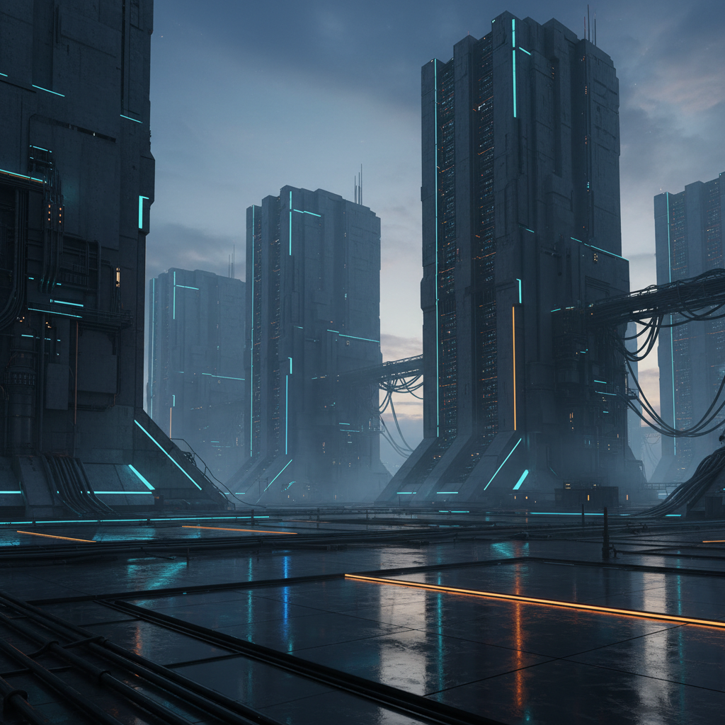 Rascacielos futuristas de arquitectura industrial con luces de neón en un entorno urbano nocturno y húmedo.