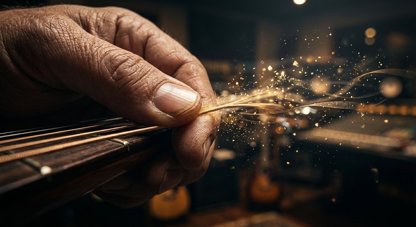 Primer plano de una mano tocando las cuerdas de una guitarra acústica, con chispas doradas y efectos de luz emergiendo de los dedos.