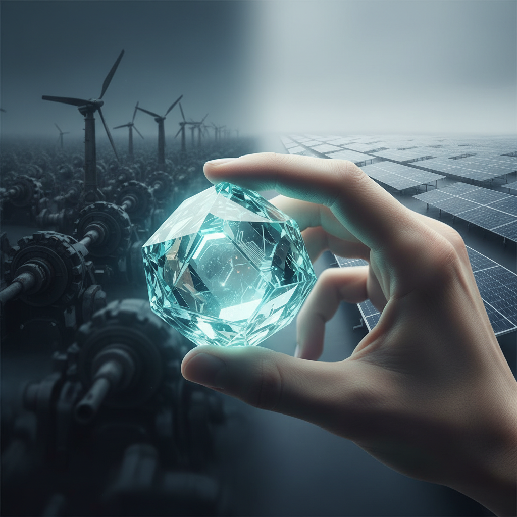 Una mano sostiene un cristal brillante y geométrico frente a un fondo dividido que muestra aerogeneradores a la izquierda y paneles solares a la derecha.