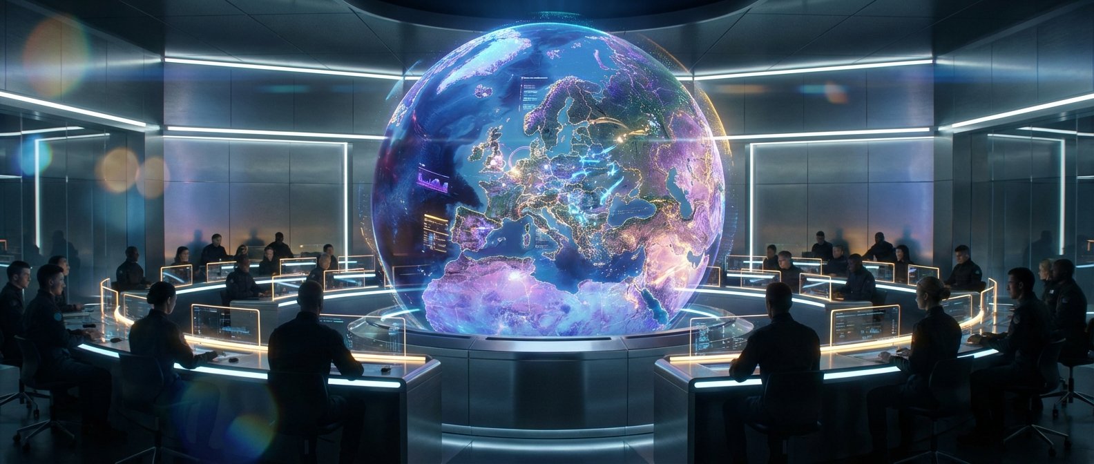 Una sala de control futurista con un gran globo terráqueo holográfico en el centro, mostrando un mapa luminoso de Europa y África con datos interactivos. Alrededor del globo, varias personas vestidas con uniformes oscuros trabajan en estaciones con pantallas transparentes y brillantes.