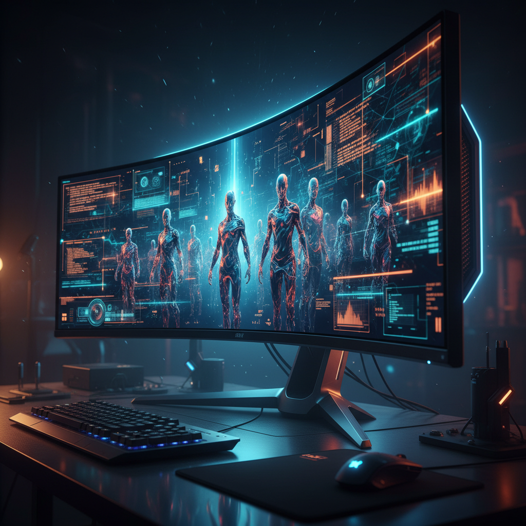 Monitor curvo de alta resolución con interfaz futurista que muestra figuras humanas digitales y datos técnicos sobre un escritorio.