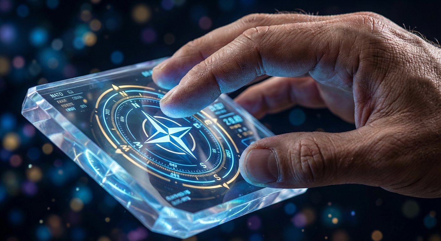 Una mano sostiene un dispositivo transparente con una pantalla digital que muestra una brújula futurista iluminada con el emblema de la OTAN en el centro y texto 'NATO'. El fondo es oscuro con luces borrosas de colores.