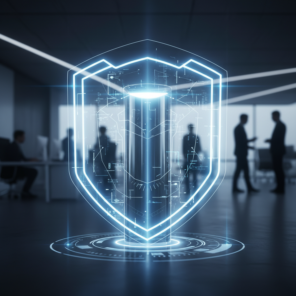 Holograma digital de un escudo de seguridad con datos técnicos en una oficina con personas trabajando de fondo.
