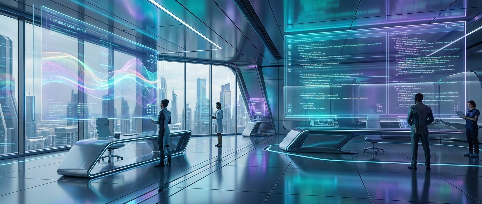 Oficina legal futurista con grandes pantallas holográficas que muestran datos, gráficos y código, donde personas interactúan con la tecnología avanzada. El espacio tiene un diseño moderno con iluminación de neón y vistas panorámicas a una ciudad.