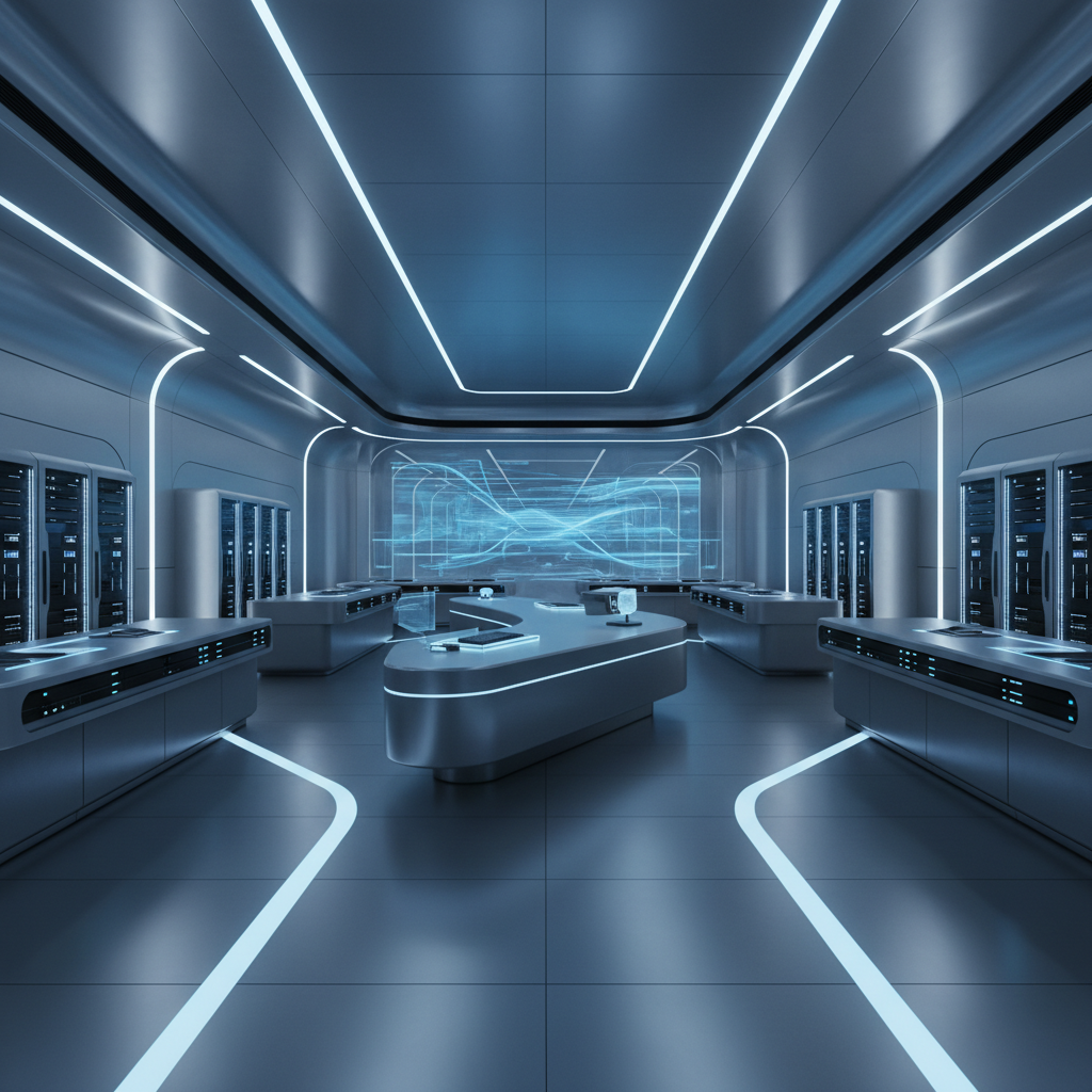 Centro de control tecnológico futurista con servidores, consolas iluminadas y una gran pantalla digital.