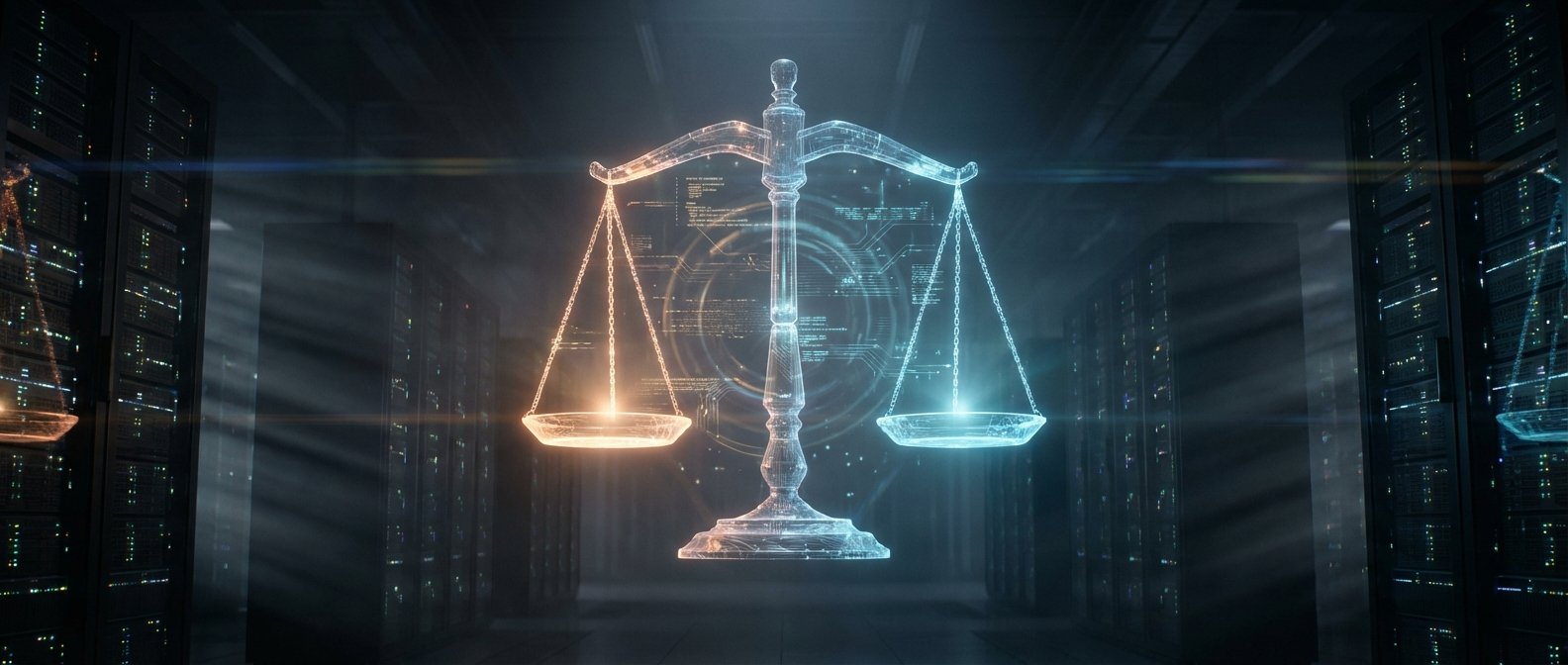 Balanza de la justicia digital y holográfica, iluminada en naranja y azul, en un centro de datos con filas de servidores.