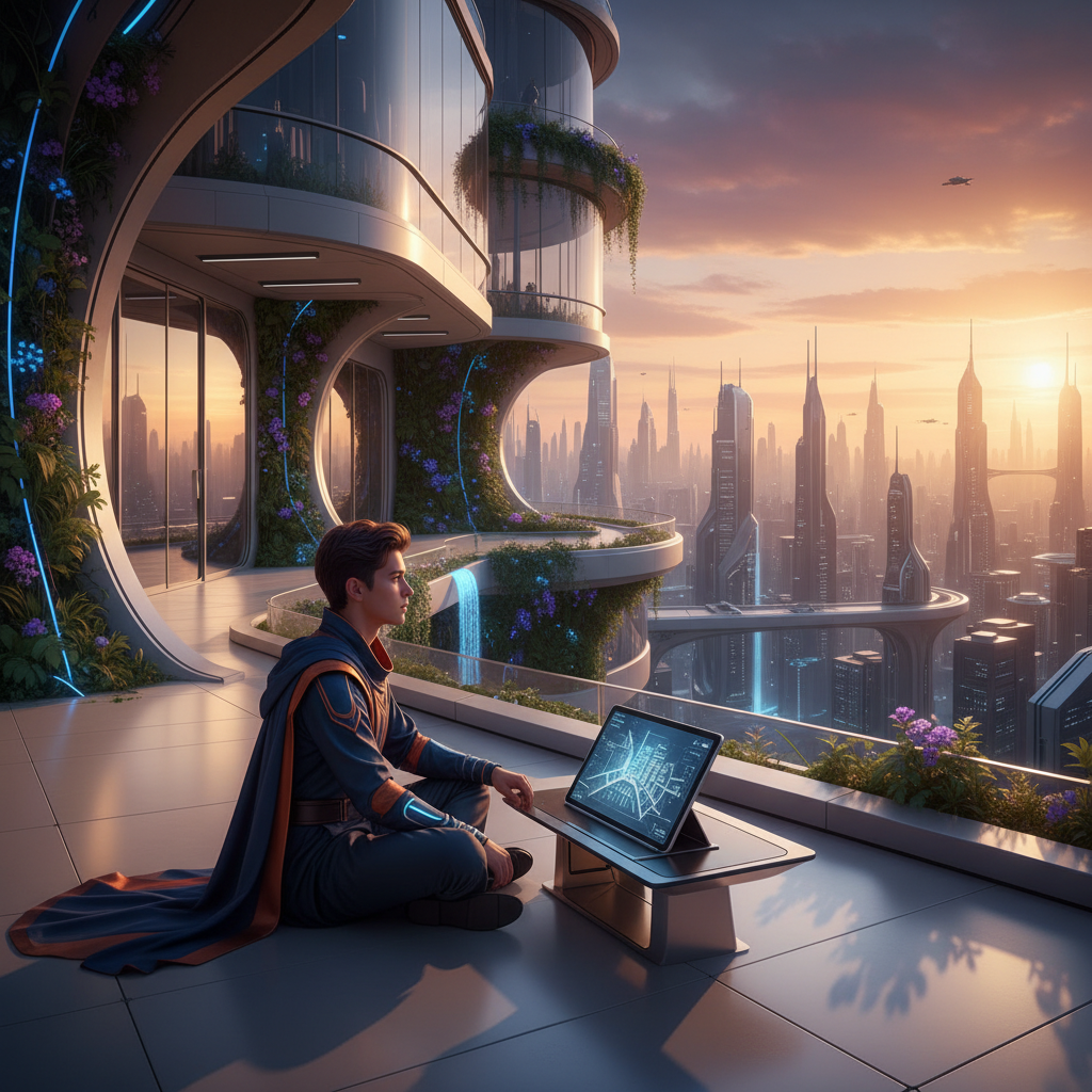 Joven sentado en una terraza futurista con una tableta frente a un horizonte de rascacielos al atardecer.