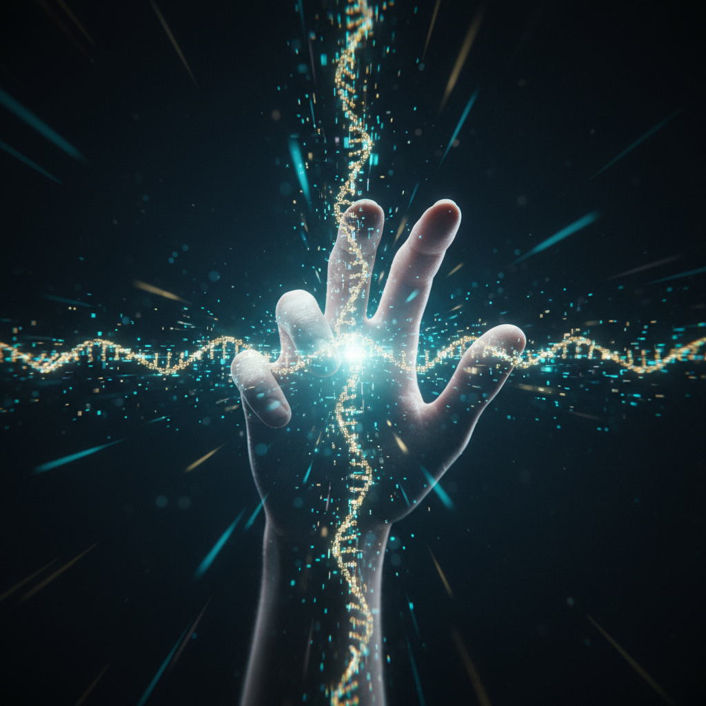 Mano humana interactuando con una representación digital de una hélice de ADN brillante sobre un fondo oscuro.