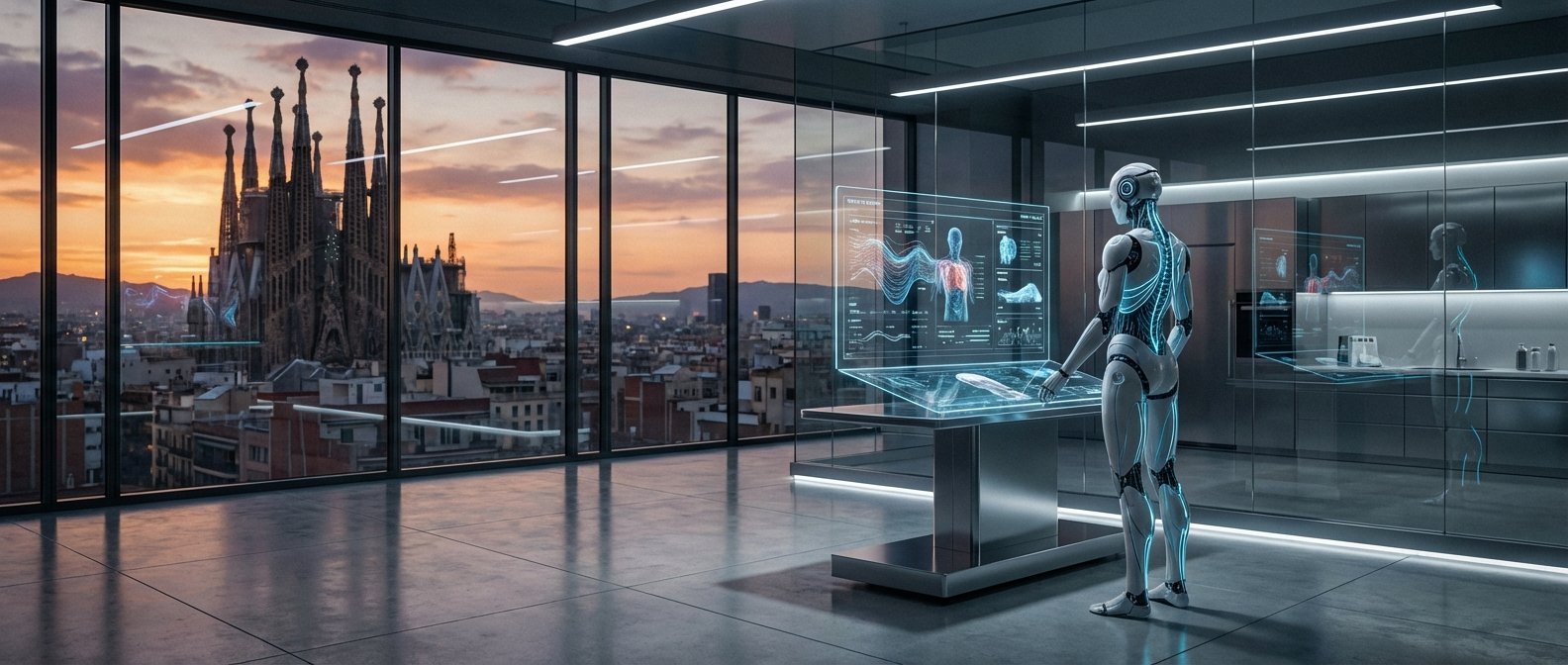 Un robot futurista blanco con líneas luminosas azules interactúa con una pantalla holográfica transparente que muestra datos médicos y gráficos de anatomía humana, en una habitación moderna con grandes ventanales. A través de los ventanales, se observa la Sagrada Familia de Barcelona al atardecer, con una vista panorámica de la ciudad.