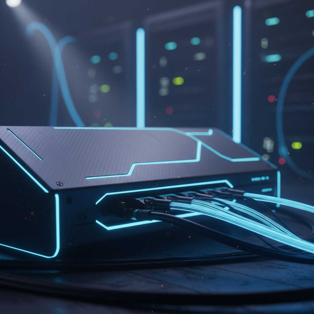 Servidor informático de alto rendimiento con conexiones de fibra óptica iluminadas en azul dentro de un centro de datos.