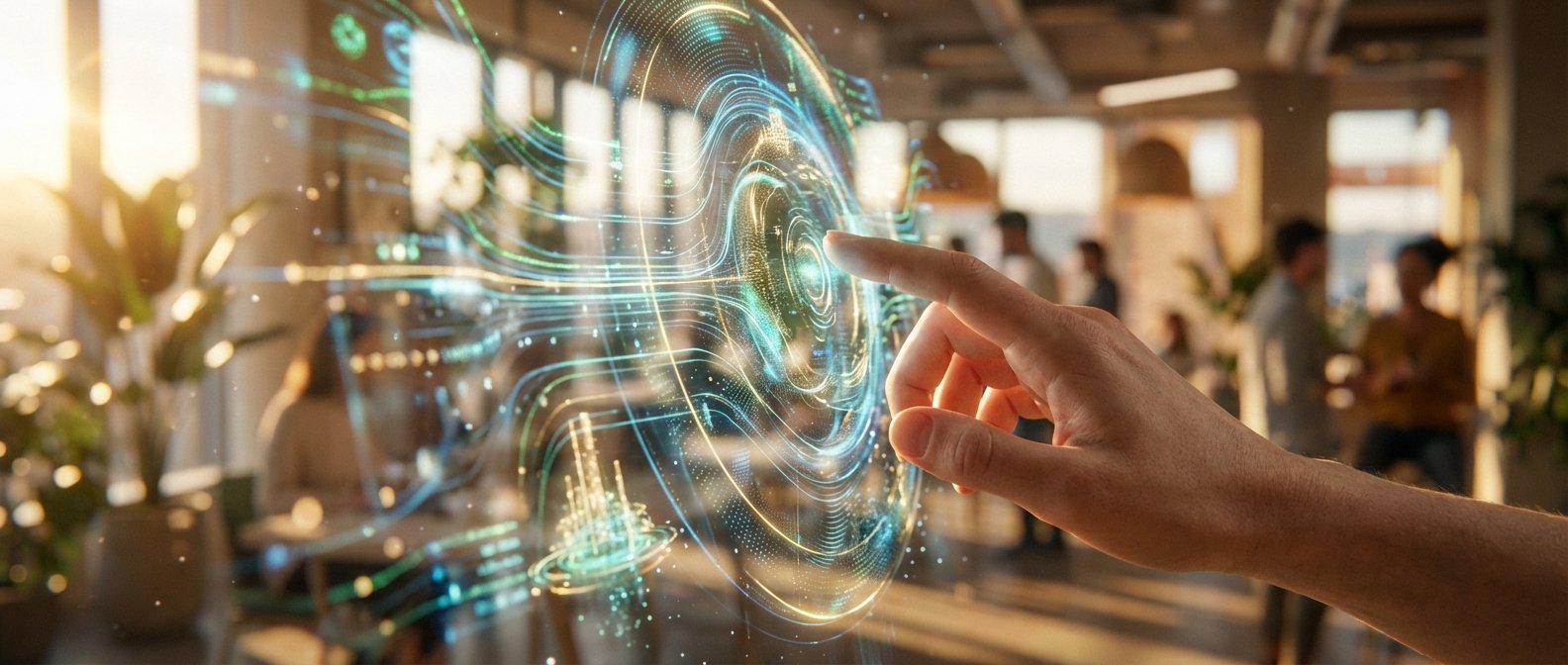 Una mano humana toca una interfaz holográfica interactiva de colores brillantes, compuesta por líneas y puntos que forman patrones circulares y fluyentes, con un fondo difuminado de una oficina moderna y luminosa.