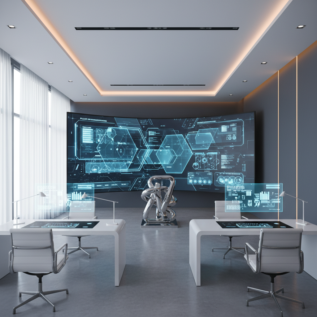 Oficina de trabajo moderna con escritorios minimalistas, sillas ergonómicas y una pantalla curva gigante mostrando datos técnicos digitales.
