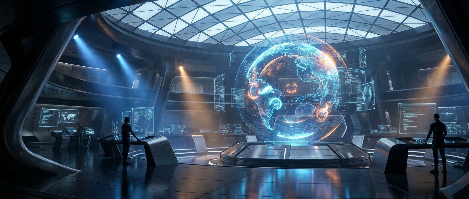 Centro de mando futurista con una gran proyección holográfica del planeta Tierra en el centro, rodeada de múltiples pantallas de datos transparentes. Dos personas interactúan con consolas equipadas con interfaces holográficas. La sala cuenta con un techo de cristal geométrico y una iluminación dramática en tonos azules y naranjas.