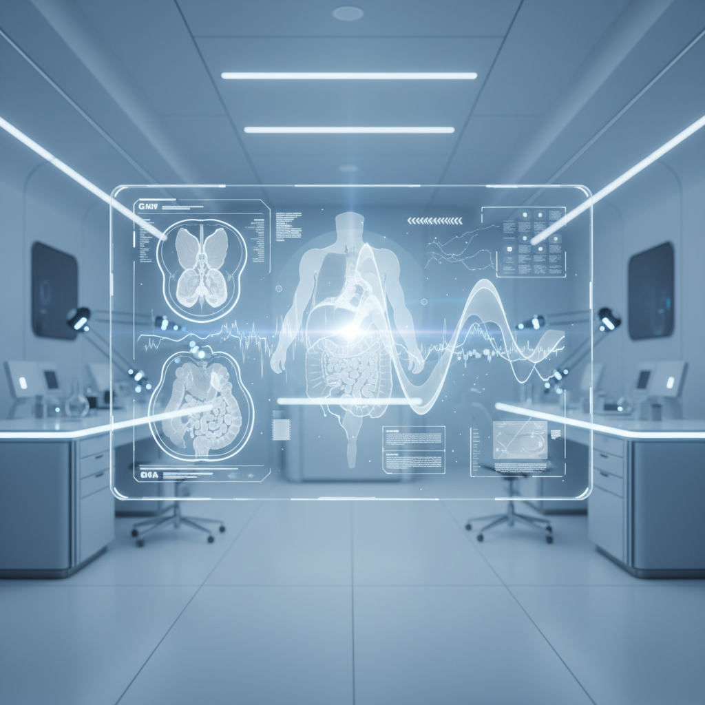 Interfaz holográfica futurista con escaneos anatómicos y signos vitales en un laboratorio médico de alta tecnología.