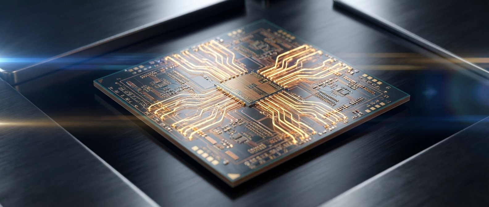 Un microprocesador de computadora de alta tecnología con circuitos dorados luminosos en una superficie metálica oscura y pulida.