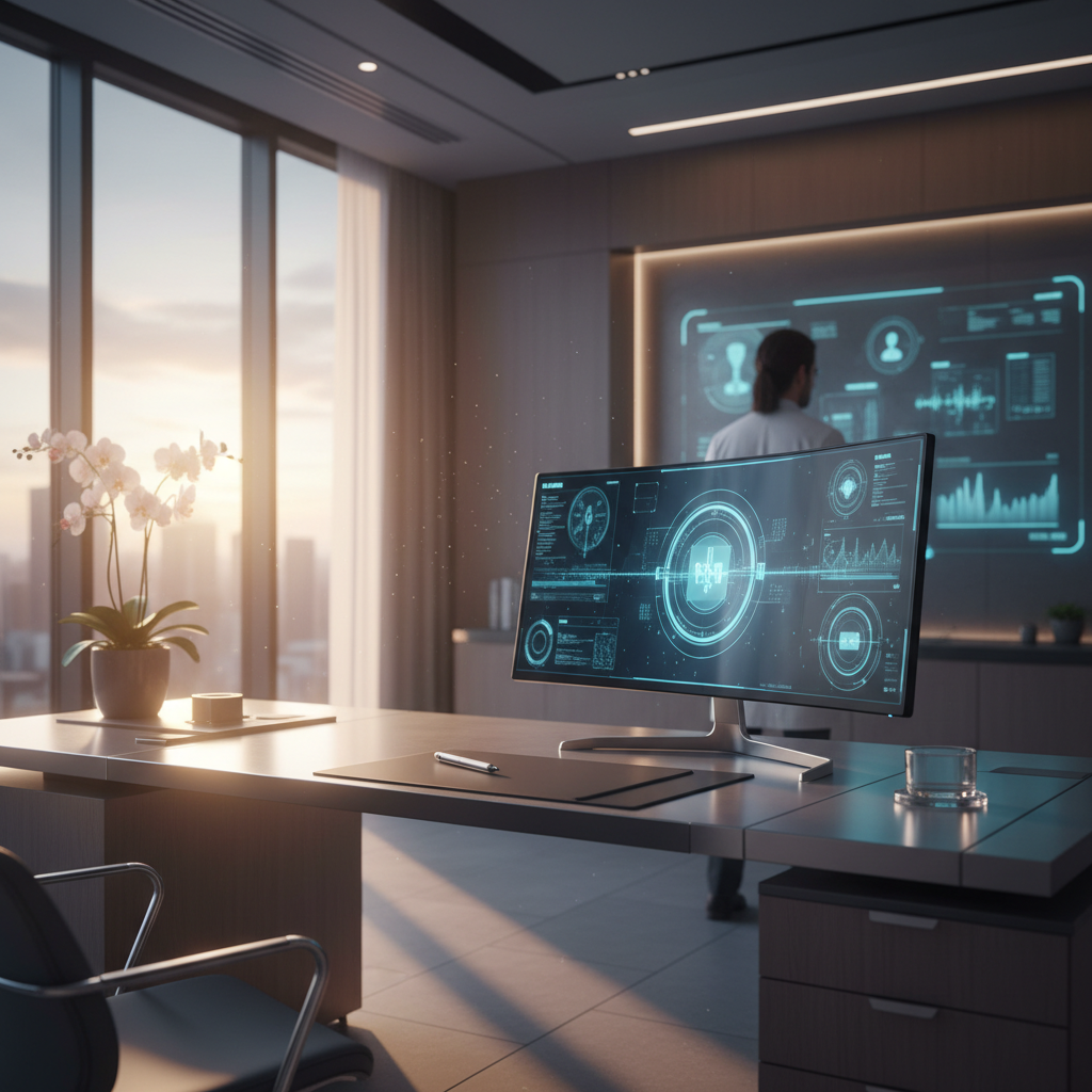 Monitor de computadora con gráficos médicos digitales en una oficina moderna frente a un ventanal al atardecer.