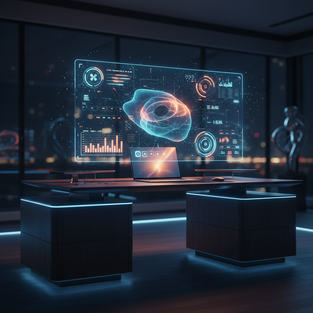 Escritorio moderno en oficina de noche con portátil y pantalla holográfica con datos y gráficos.