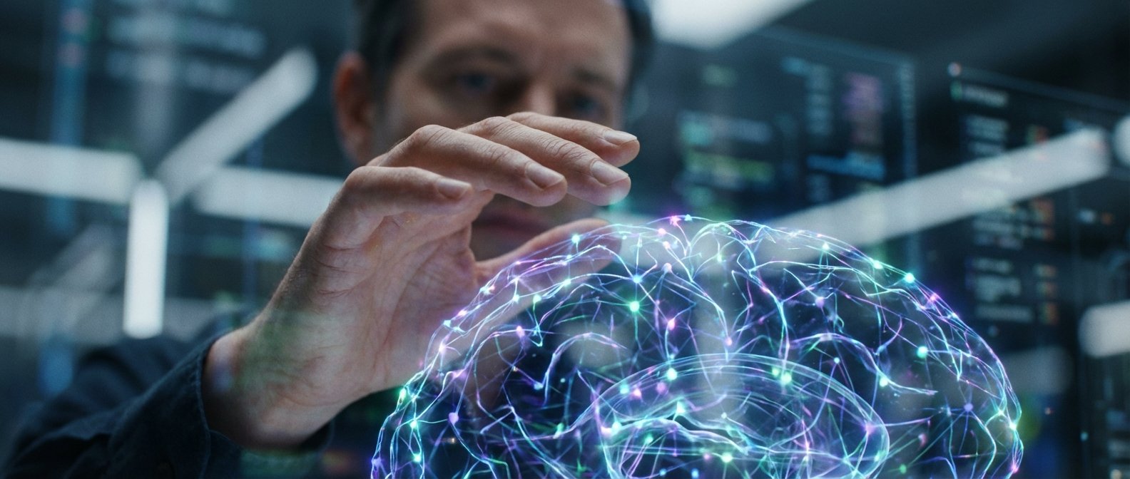 Un hombre con las manos sobre una representación digital luminosa de un cerebro con conexiones neuronales brillantes en tonos azules y morados, en un fondo tecnológico con pantallas.
