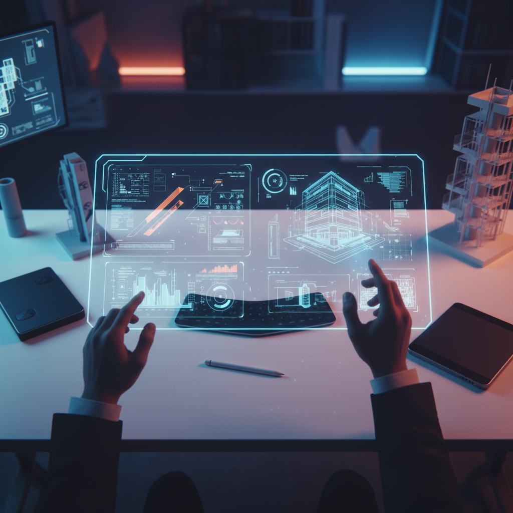Arquitecto interactuando con una interfaz holográfica digital para el diseño de edificios en una oficina moderna.